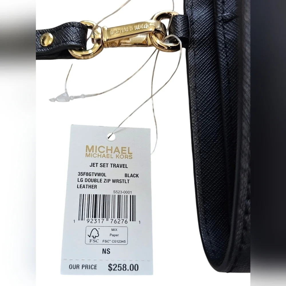 Michael Kors Black Jet Set Travel, LG Double Zip Wristlet Leather, New With Tags